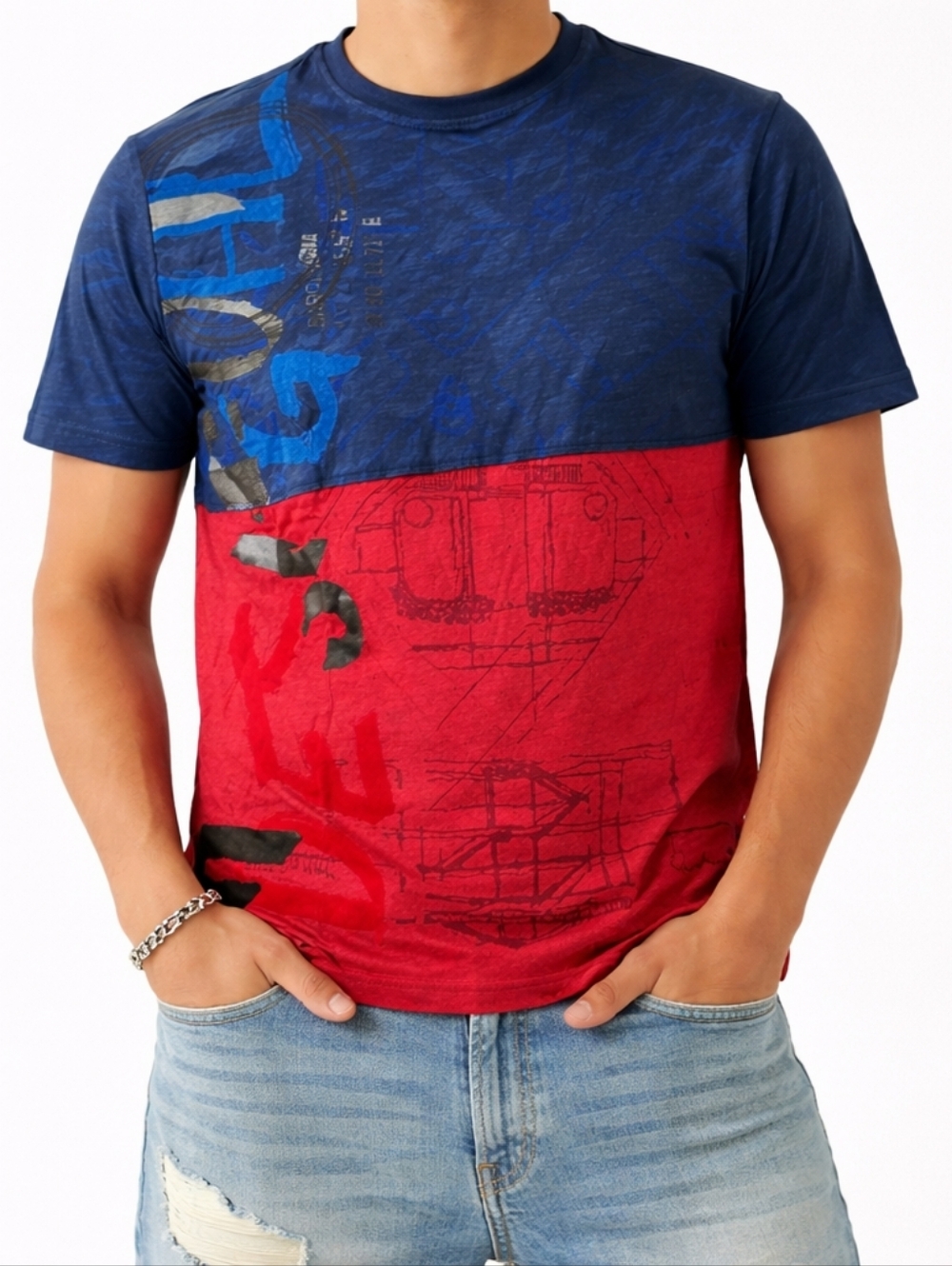Desigual ($160) Colorblock Graphic T-Shirt Blue Red Abstract Print Short Sleeve